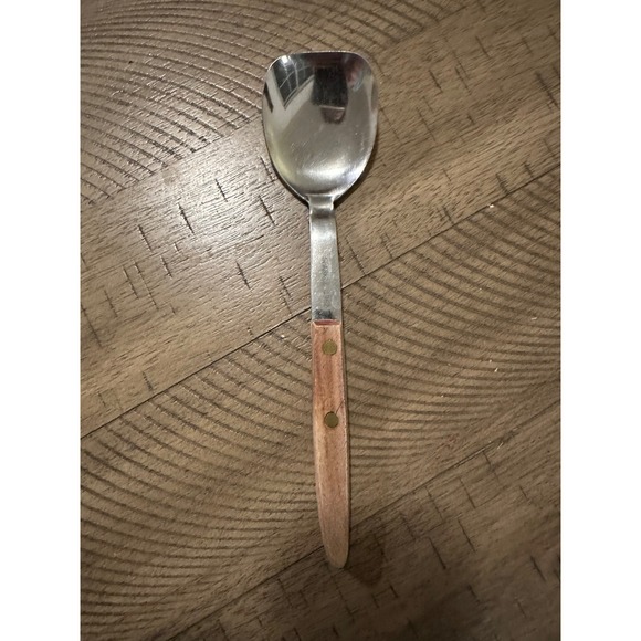 Other - Vintage Mid-Century Modern Soup Spoon - Stainless Japan - Wood Handle Brass